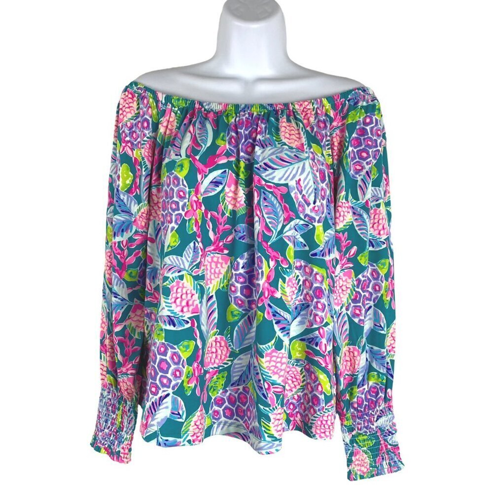 Lilly Pulitzer Lana Top Maldives‎ Green Turtle Wave Medium Off Shoulder CJ-1631